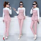 Set: Mock Two-piece Tie Waist Long-sleeve Top + Pants