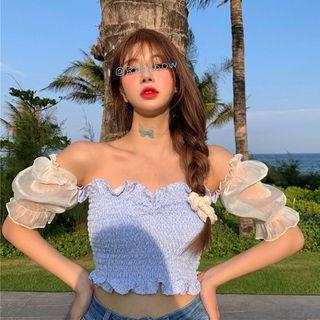 Mesh Panel Puff-sleeve Cropped Crinkle Blouse White & Blue - One Size