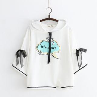3/4-sleeve Bear Print Hoodie White - One Size