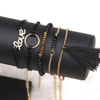 Set Of 5: Rhinestone / String / Alloy Bracelet (various Designs) Set Of 5 - Black & Gold - One Size