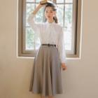Long-sleeve Tie-neck Blouse / A-line Midi Skirt