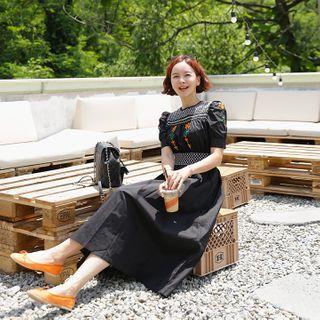 Puff-sleeve Embroidered Maxi Dress