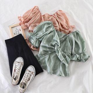 Striped Square-neck Puff-sleeve Blouse