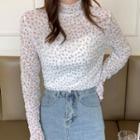 Long-sleeve Floral Print Mock-neck Mesh Top White - One Size