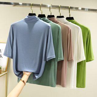 Elbow-sleeve Turtleneck Plain T-shirt