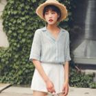 Striped Elbow-sleeve Shirt Blue - One Size