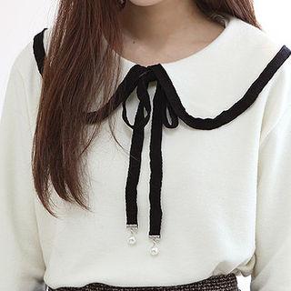 Wide-collar Faux-pearl Beribboned Napped Top