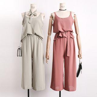 Set: Camisole Top + Wide-leg Pants With Sash