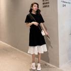 Mock Two-piece Short-sleeve A-line Midi T-shirt Dress Black - One Size