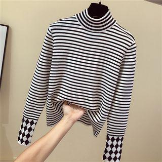 Mock Turtleneck Plaid Panel Striped Knit Top