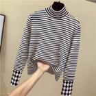 Mock Turtleneck Plaid Panel Striped Knit Top