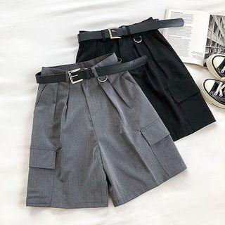 Plain Double-pocket Cargo High-waist Shorts