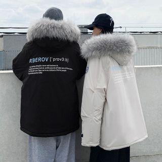 Furry Hooded Letter Printed Zipped Jacket