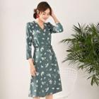 Flower Print Long-sleeve Midi A-line Chiffon Dress