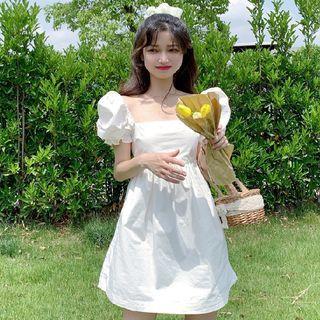 Puff-sleeve Open-back Ribbon Mini A-line Dress