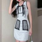 Sleeveless Patterned Tweed Trim A-line Dress