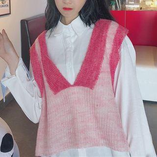 Set: Plain Shirt + Two-tone Knit Vest