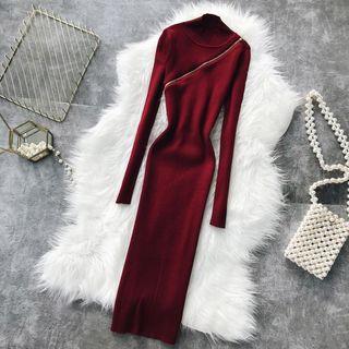 Long-sleeve Mock Neck Zip-detail Midi Knit Dress