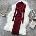 Long-sleeve Mock Neck Zip-detail Midi Knit Dress