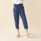 Paperbag-waist Washed Jeans Blue - One Size