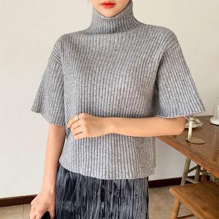 Trutle-neck Short-sleeve Rib-knit Top