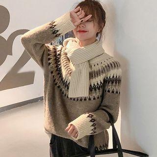 Crew-neck Pattern Sweater Coffee - One Size