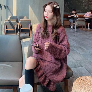 Chunky Cable Knit Sweater / Ruffle Hem Cable Knit Mini Skirt