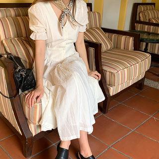 V-neck Textured Long Shirtdress