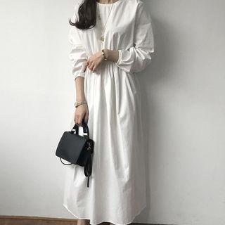 Round-neck Band-waist Shirred Maxi Dress