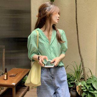 Puff-sleeve Floral Print Blouse Green - One Size