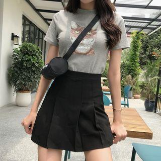 Cat Print Short-sleeve T-shirt / High Waist Skort