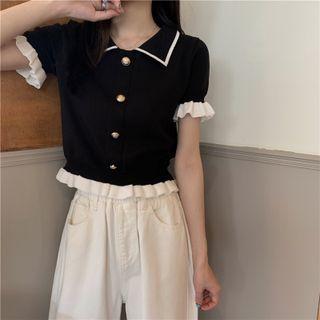 Collared Contrast Trim Knit Crop Top