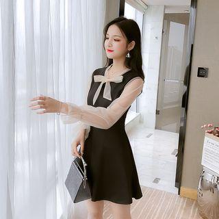 Bow Accent Mesh Panel Long-sleeve Mini A-line Dress