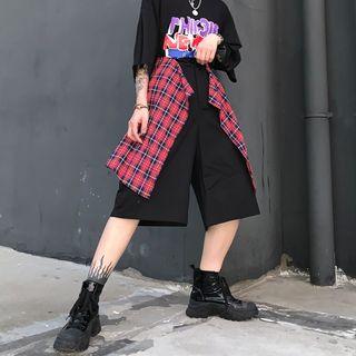 Mock Two-piece Plaid Paneled Wide-leg Cropped Pants