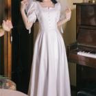Set: Short-sleeve Square-neck Midi A-line Dress + Mesh Headpiece