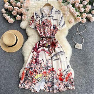 Print Asymmetrical Hem Short-sleeve Dress