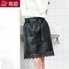 Lace Hem Faux Leather A-line Skirt