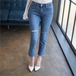 Slit-detail Cropped Straight-cut Jeans