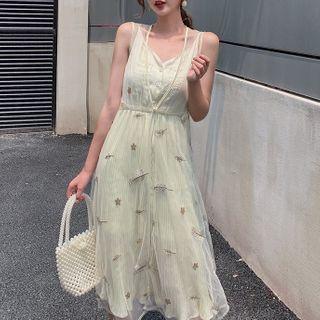 Set: Leaf Embroidered Sleeveless Midi A-line Dress + Slipdress
