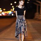 Set: Short-sleeve Top + Floral High-low Skirt