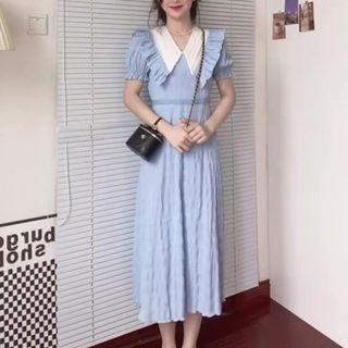 Puff-sleeve Collar Crinkle Midi Sheath Dress