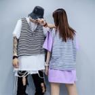 Set: Elbow-sleeve T-shirt + Striped Cropped Vest