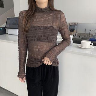 Mock-neck Striped Plain Long-sleeve Top