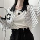 Set : Square-neck Striped Short-sleeve Baseball Jacket