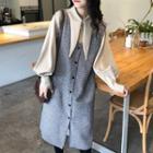 Lantern-sleeve Blouse / V-neck Plaid Pinafore Dress