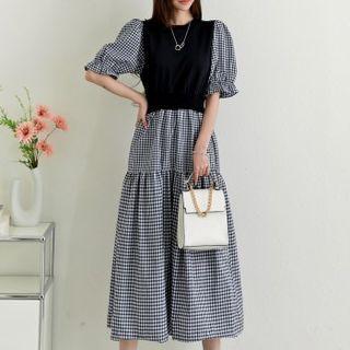 Inset Vest Shirred Long Gingham Dress