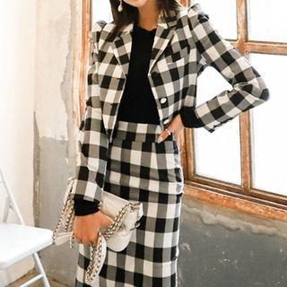 Set: Checked Cropped Blazer + Checked High-waist Midi Straight-fit Skirt