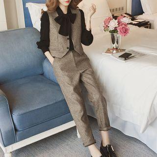 Set: Tie-neck Blouse + Plaid Vest + Straight Cut Pants