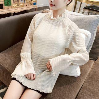 Stand Collar Chiffon Long-sleeve Top Almond - One Size