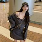 Set: Cropped Zip-up Hoodie + Spaghetti Strap Mini Sheath Dress